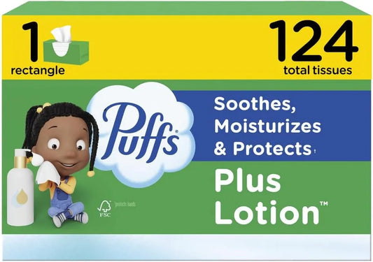 Puffs Plus Lotion Facial Tissues, 1 Family Box, 124 Tissues per Box