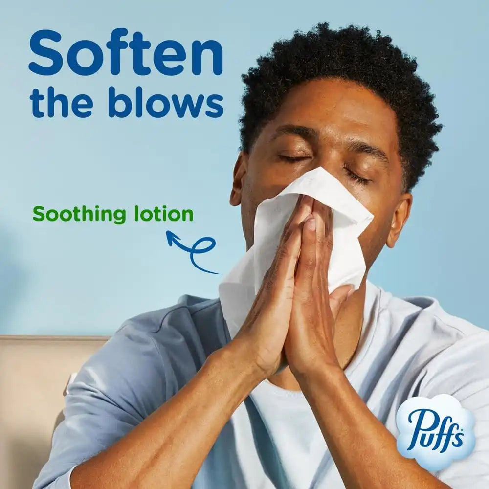 Puffs Facial Tissues Plus Lotion, 4 Mega Cube Boxes, 72 Facial Tissues per Box, Allergies and Colds (Packaging May Vary)