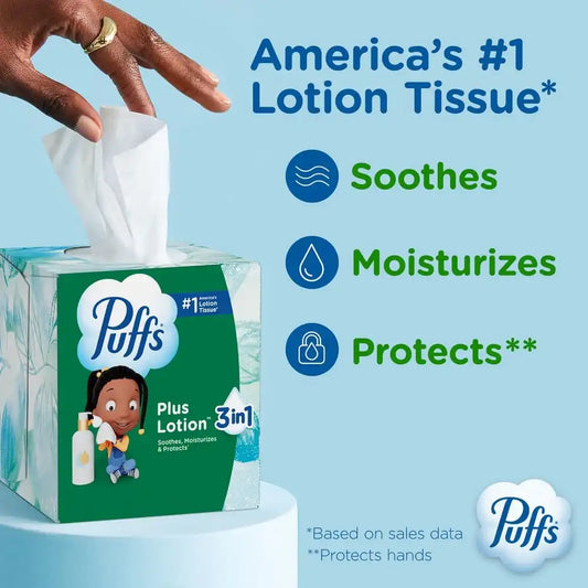 Puffs Facial Tissues Plus Lotion, 4 Mega Cube Boxes, 72 Facial Tissues per Box, Allergies and Colds (Packaging May Vary)