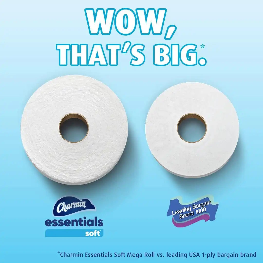 Charmin Essentials Soft Mega 2-Ply Toilet Paper Rolls, 4" x 4-1/2", 330 Sheets Per Roll, White, Pack Of 9 Rolls