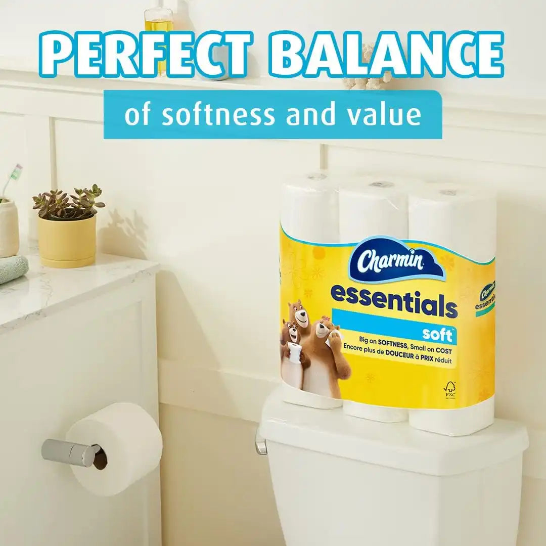 Charmin Essentials Soft Mega 2-Ply Toilet Paper Rolls, 4" x 4-1/2", 330 Sheets Per Roll, White, Pack Of 9 Rolls