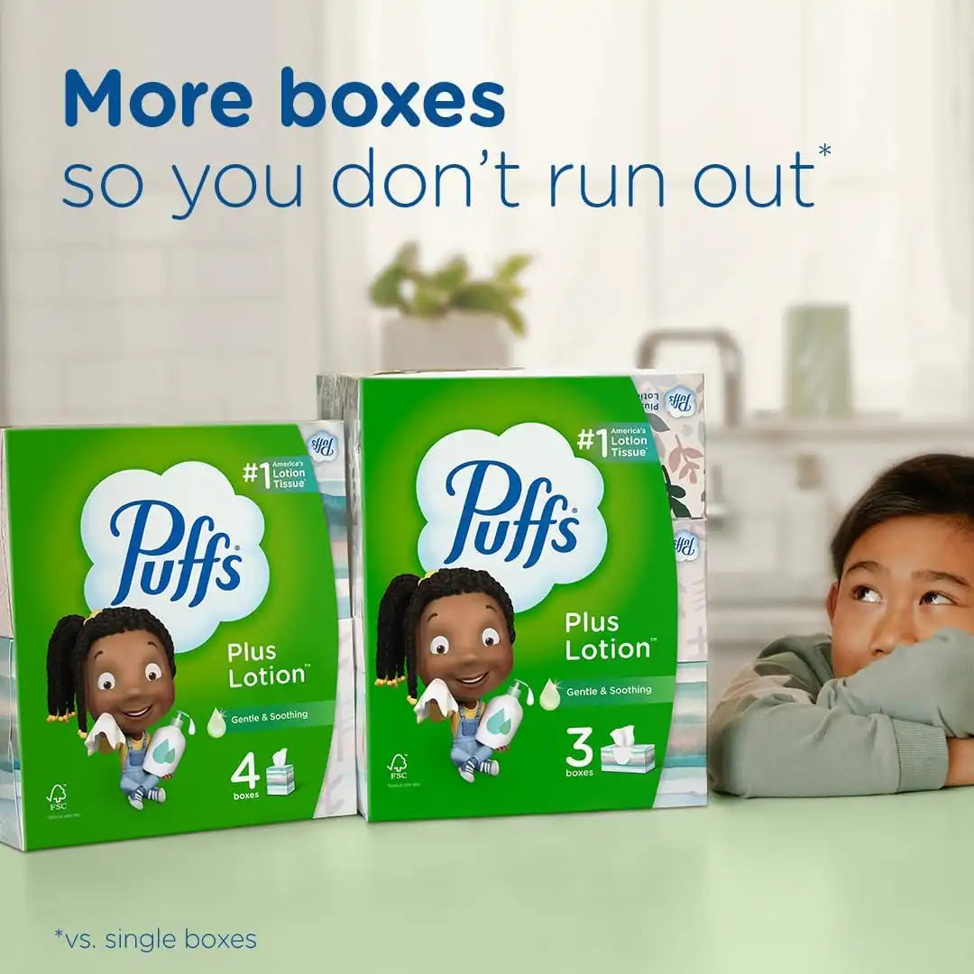 Puffs Plus Lotion Facial Tissues, 4 Family Boxes, 124 tissues per box (Pack of 2)