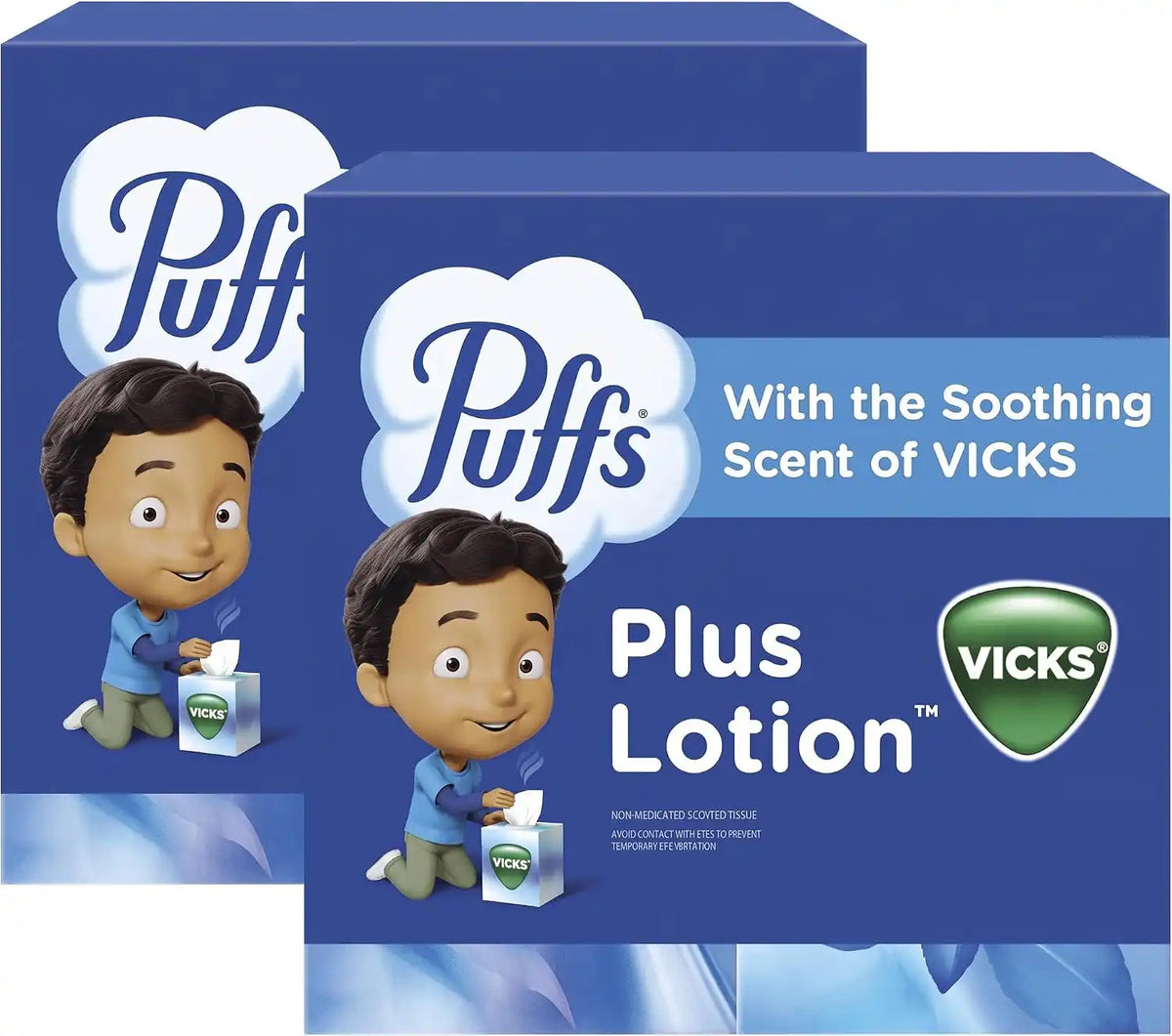 Puffs Plus Lotion with Vicks Facial Tissues, 4 Cubes, 48 Tissues per Box (Pack of 2)