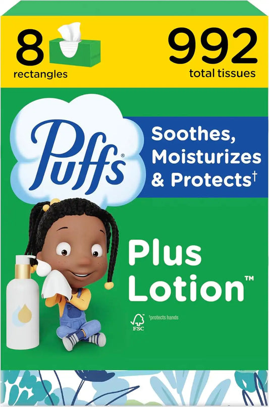 Puffs Plus Lotion Facial Tissue, 8 Family Boxes, 124 Facial Tissues per Box