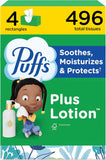 Puffs Facial Tissues Plus Lotion, 4 Family Boxes, 124 Facial Tissues per Box, Allergies and Colds (Packaging May Vary)