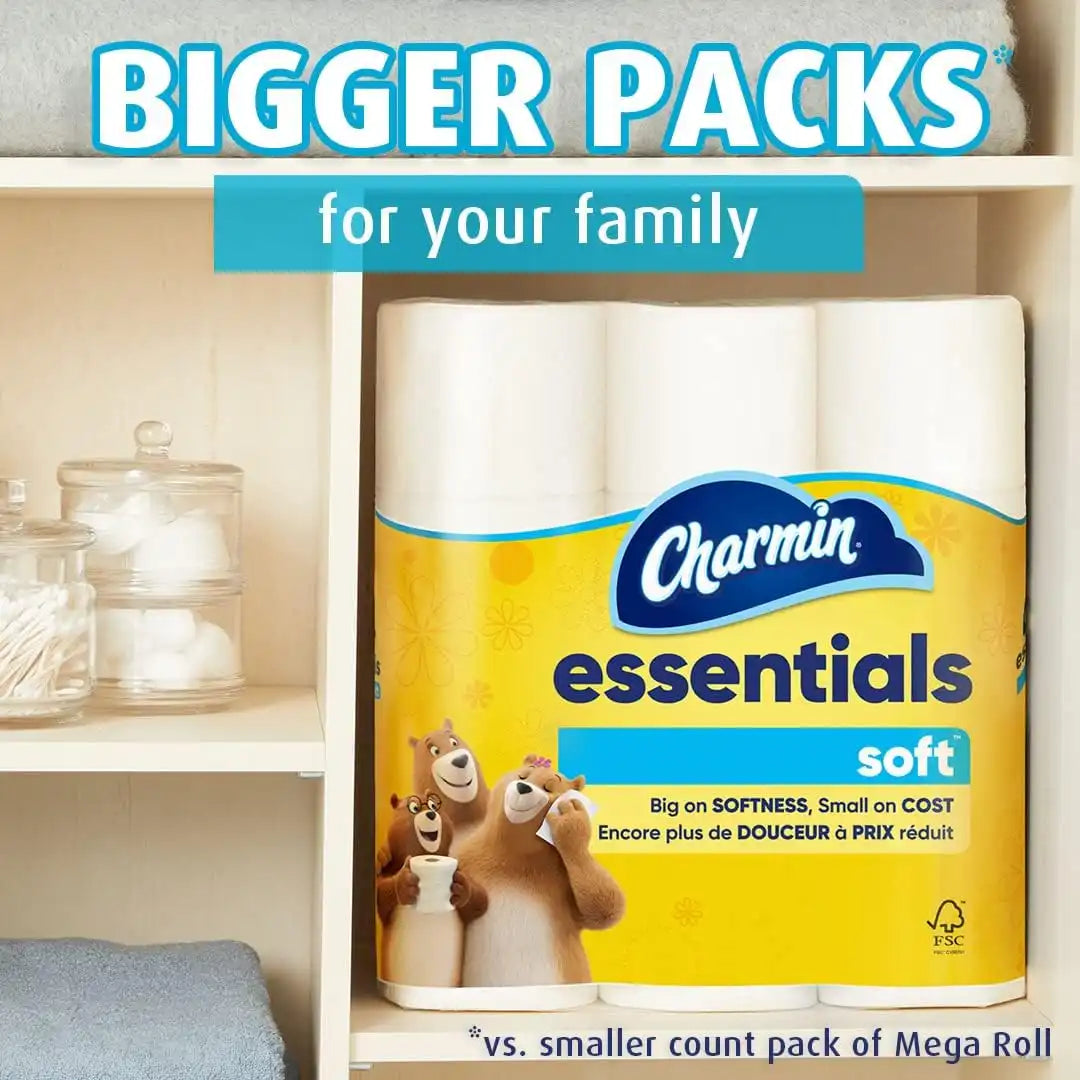 Charmin Essentials Soft Mega 2-Ply Toilet Paper Rolls, 4" x 4-1/2", 330 Sheets Per Roll, White, Pack Of 9 Rolls