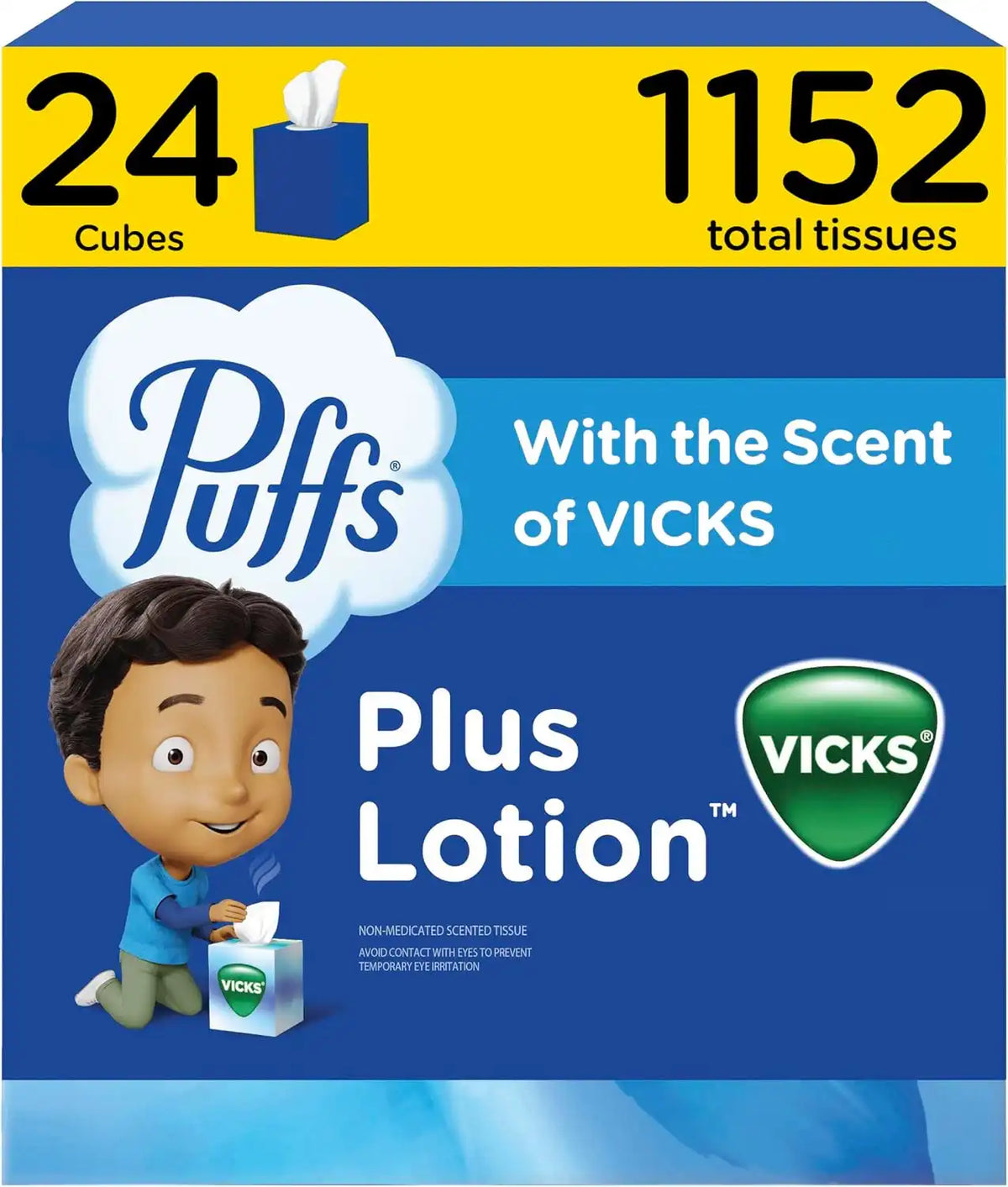 Puffs Plus Lotion with Vicks Facial Tissues, 24 Cubes, 48 Tissues per Box (1152 Tissues Total)