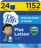 Puffs Plus Lotion with Vicks Facial Tissues, 24 Cubes, 48 Tissues per Box (1152 Tissues Total)