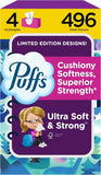 Puffs Facial Tissues Ultra Soft, 4 Family Boxes, 124 Facial Tissues per Box, Allergies and Colds (Packaging May Vary)