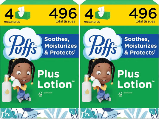 Puffs Plus Lotion Facial Tissues, 4 Family Boxes, 124 tissues per box (Pack of 2)