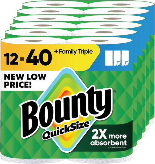 Bounty Quick-Size Paper Towels, White, 12 Family Triple = 40 Regular Rolls