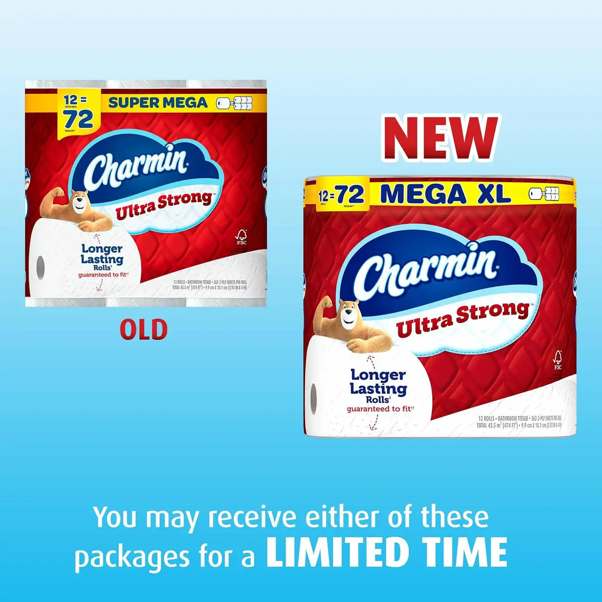 Charmin Ultra Strong Toilet Paper 12 Mega XL Rolls, 363 Sheets Per Roll (Packaging May Vary)