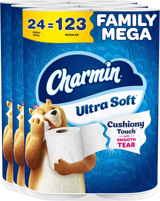 Charmin Ultra Soft Cushiony Touch Toilet Paper, 24 Family Mega Rolls = 123 Regular Rolls (Packaging May Vary)