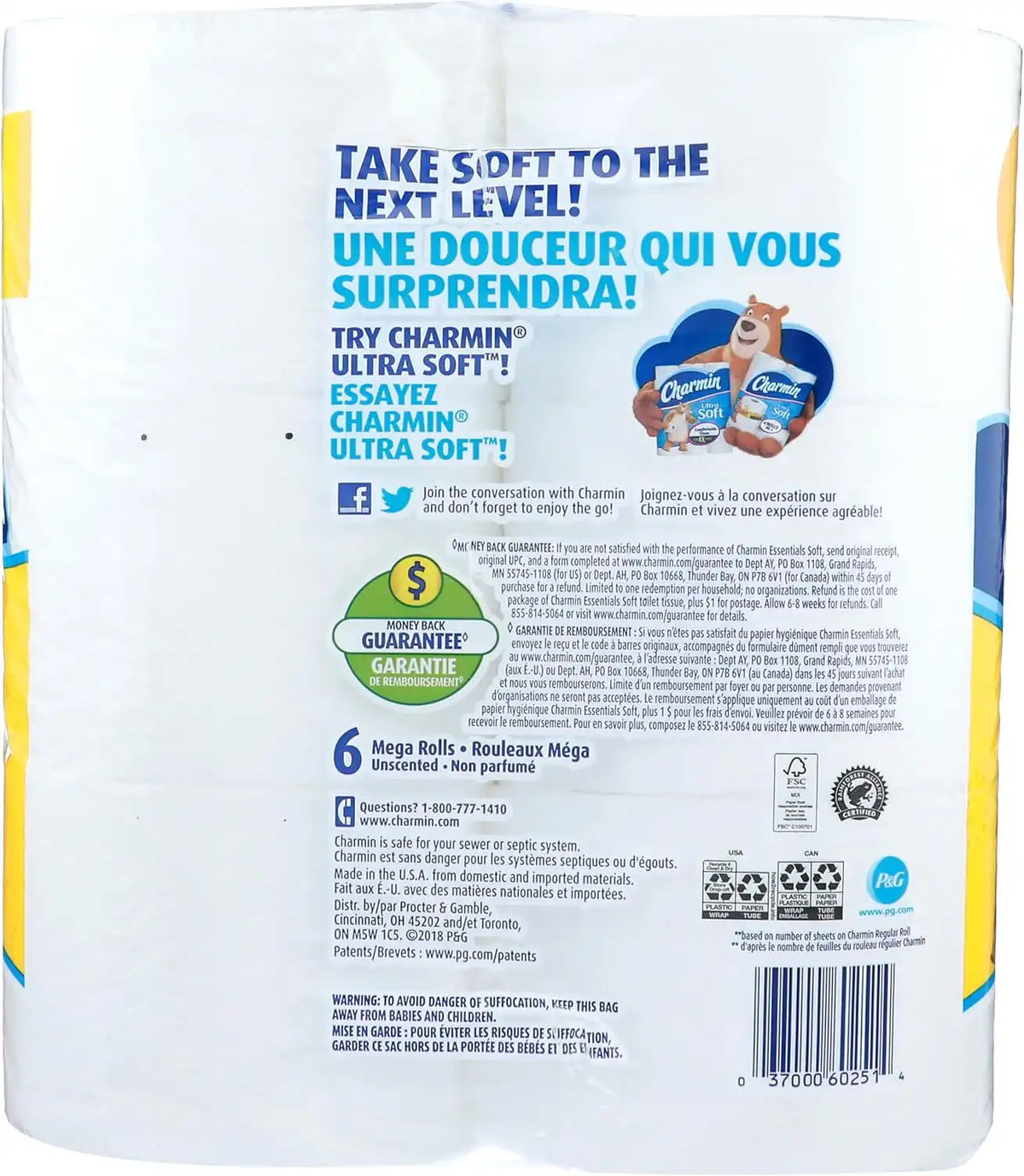 Charmin, Essentials Soft 2-Ply Mega Toilet Paper, 352 Sheets Per Roll, Pack of 6 Rolls