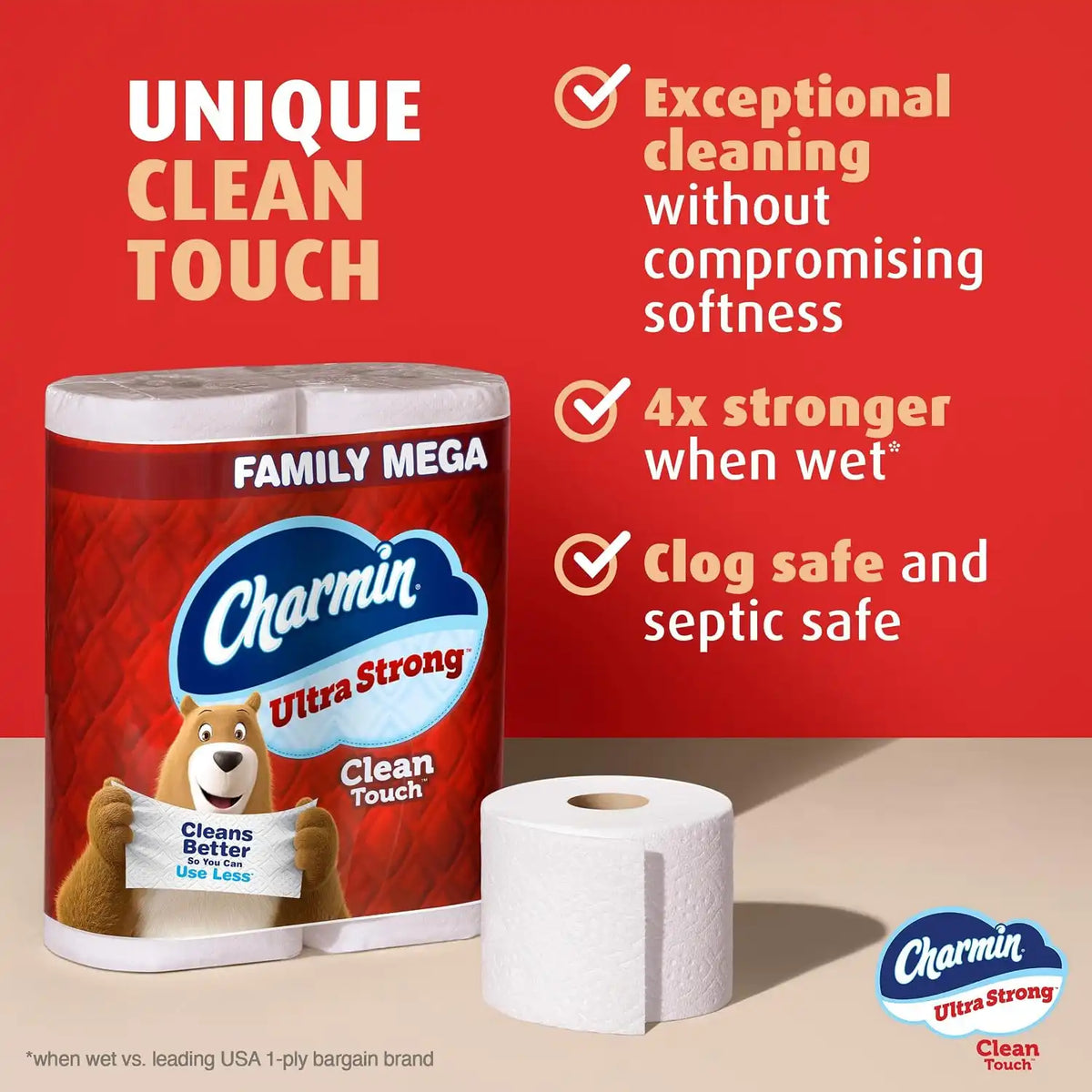 Charmin Ultra Strong Clean Touch Toilet Paper, 24 Family Mega Rolls = 123 Regular Rolls