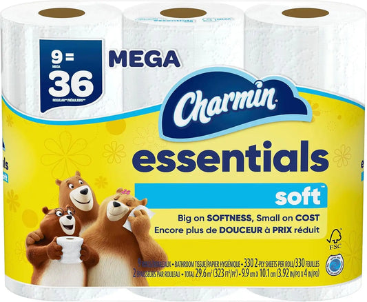 Charmin Essentials Soft Mega 2-Ply Toilet Paper Rolls, 4" x 4-1/2", 330 Sheets Per Roll, White, Pack Of 9 Rolls