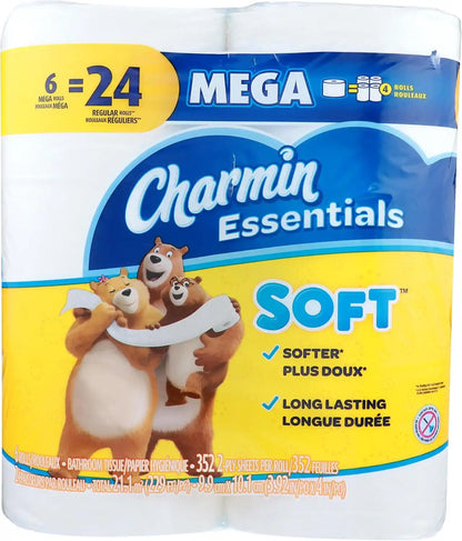 Charmin, Essentials Soft 2-Ply Mega Toilet Paper, 352 Sheets Per Roll, Pack of 6 Rolls