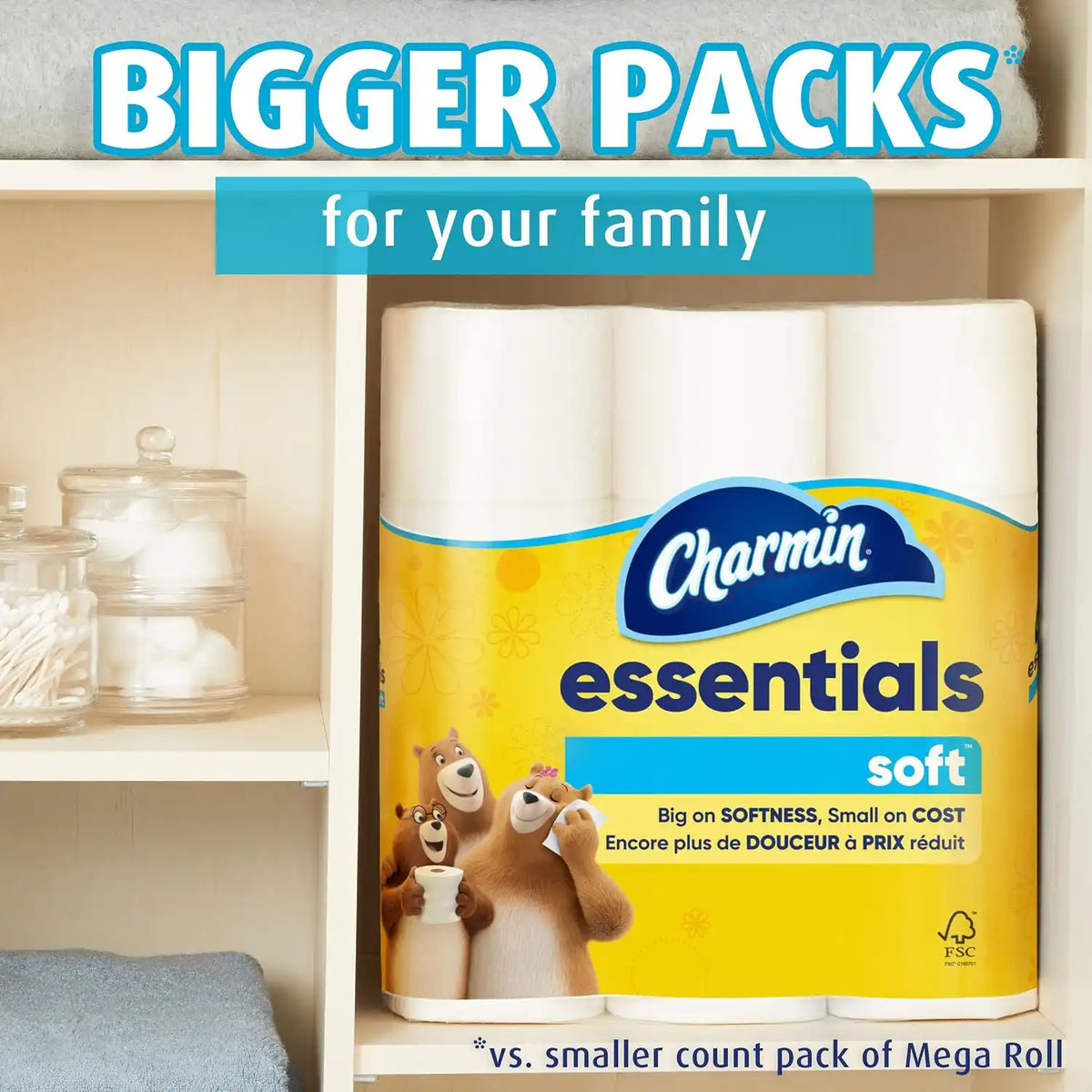 Charmin Essentials Soft Toilet Paper 6 Mega Rolls, 330 sheets per roll