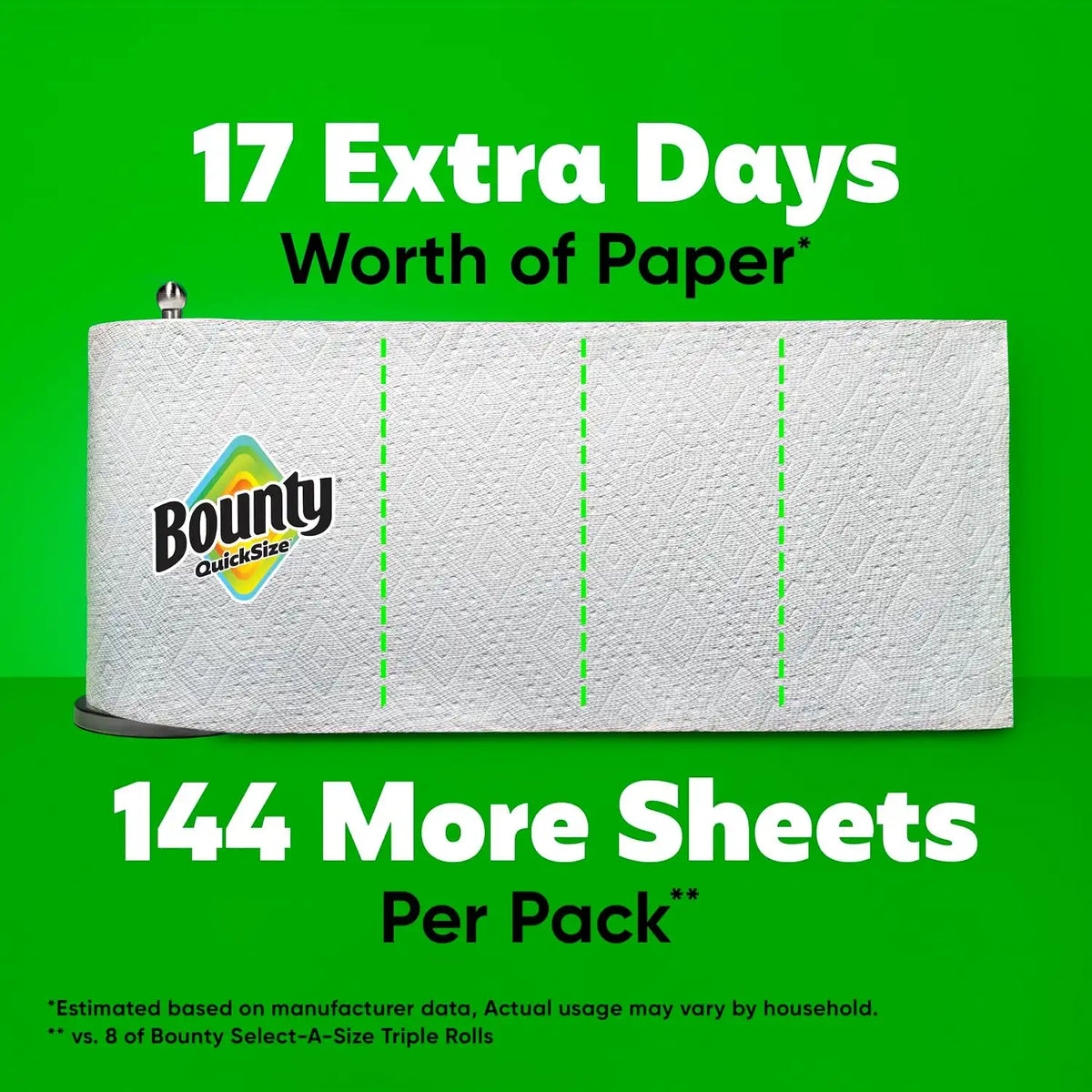 Bounty Quick-Size Paper Towels, White, 8 Family Triple Rolls = 27 Regular Rolls